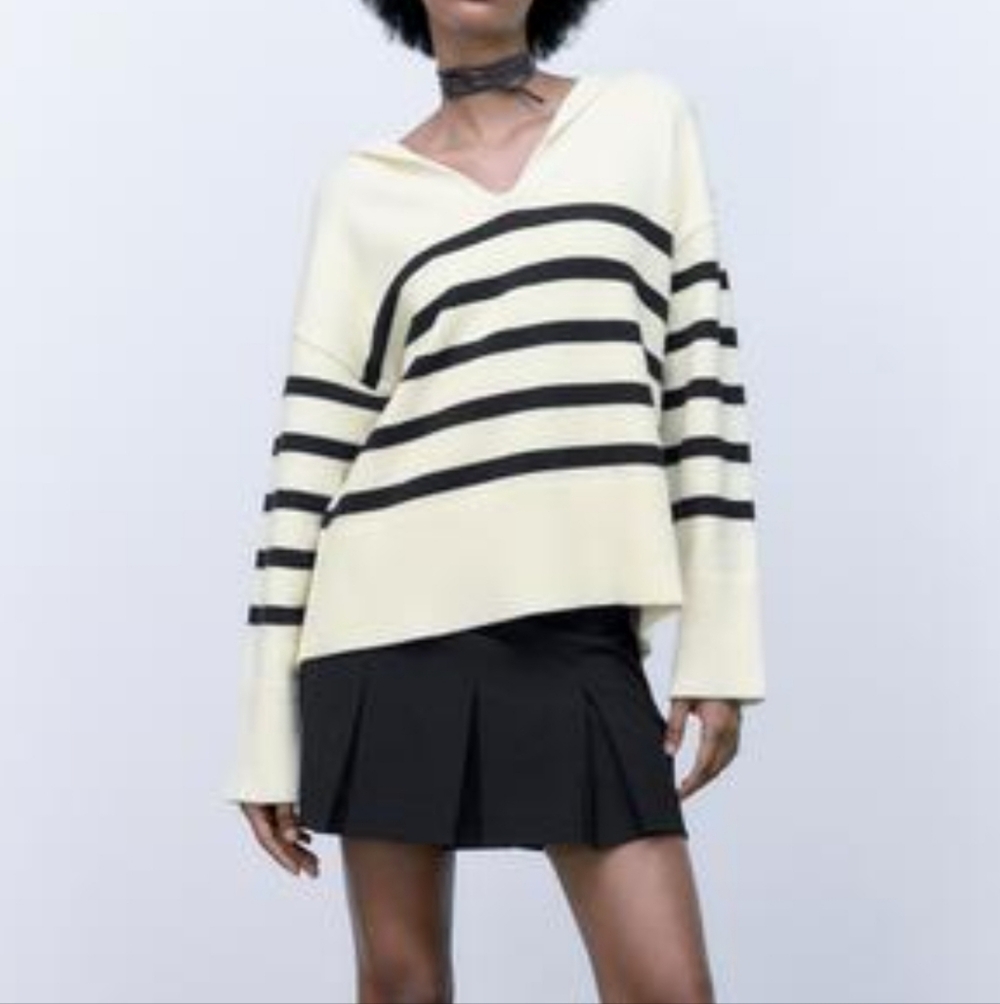 ZARA Blue/Ecru Oversized Striped Knit Sweater Sz XL
